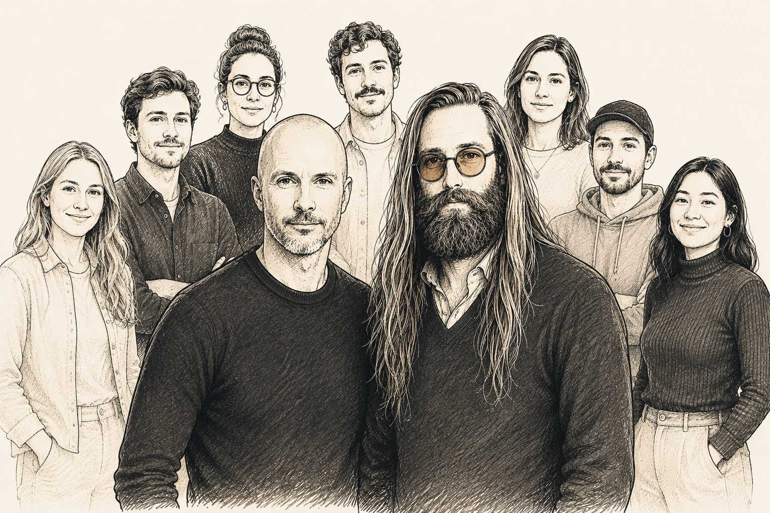 Illustrated portrait of the HolyOps team with founders Sascha Rossaint and Curtis Guild
