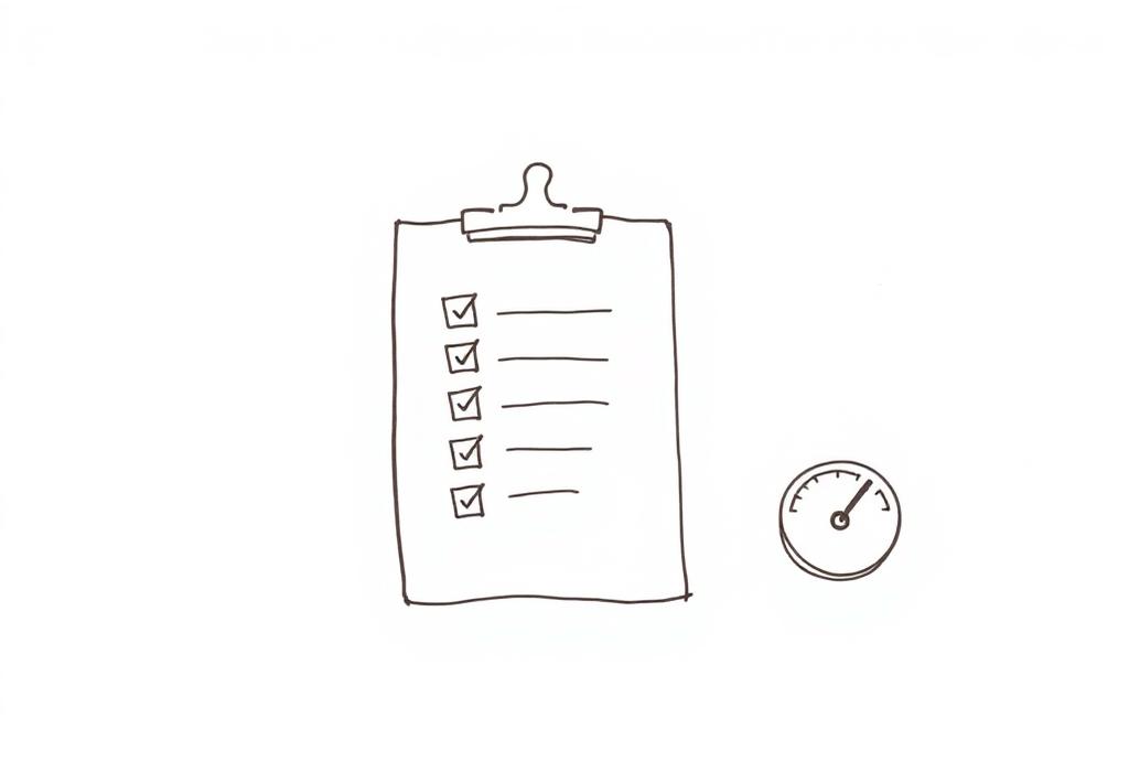 Hand-drawn illustration of a checklist on a clipboard beside a gauge