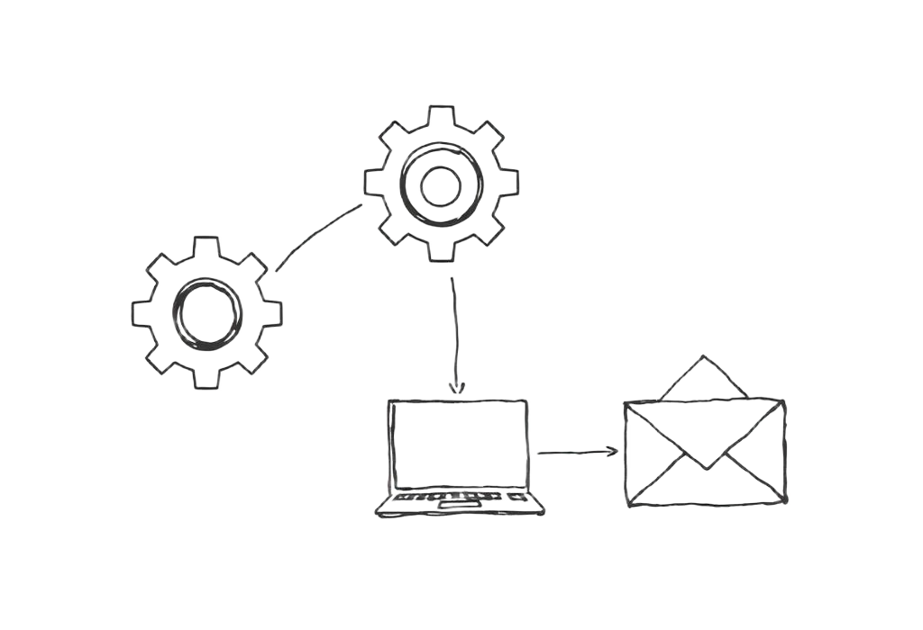 Hand-drawn illustration of gears connected to a laptop and an envelope