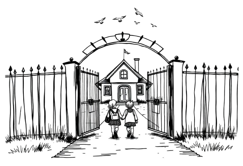 Hand-drawn illustration of a person walking through an open school gate