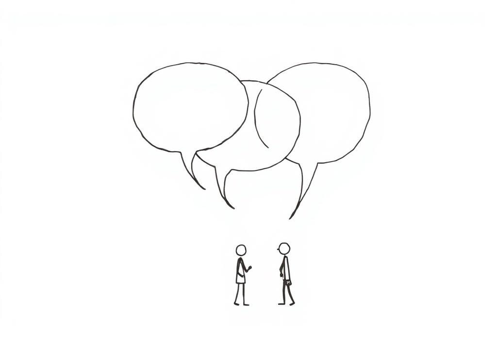 Hand-drawn illustration of people passing a message between them
